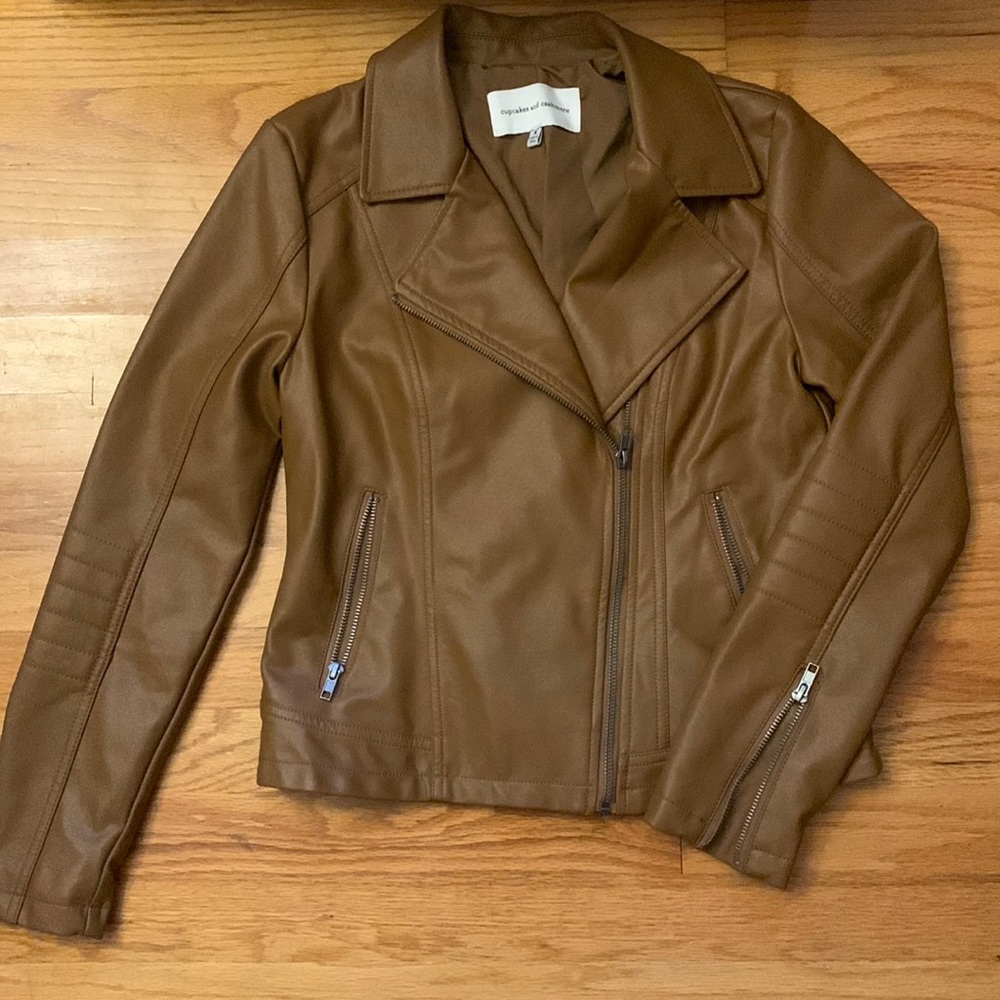 Cupcakes and Cashmere Brown Faux Leather Moto Jacket